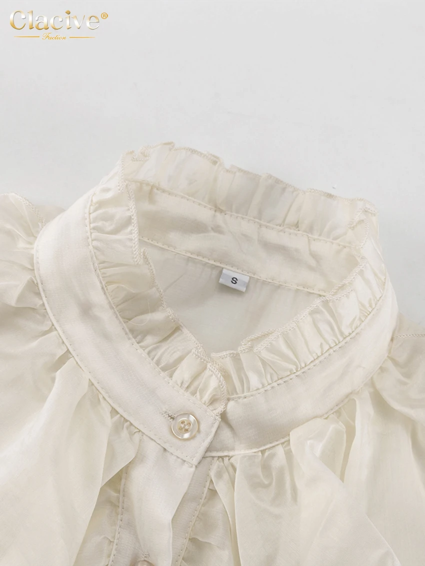 Clacive Sexy Loose White Women Shirt Fashion Stand Collar Long Sleeve Lady Blouse Elegant Classic Ruffles Top Female Clothing