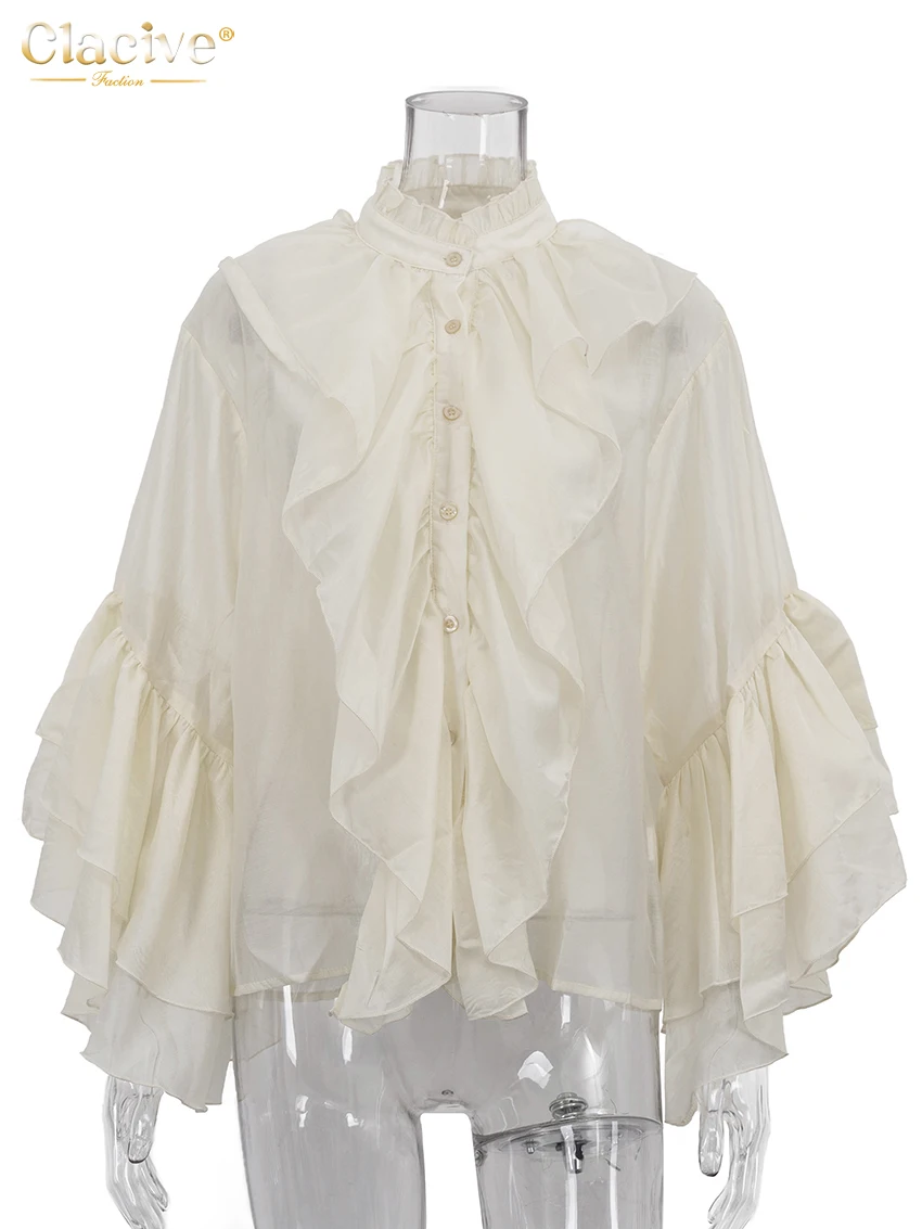 Clacive Sexy Loose White Women Shirt Fashion Stand Collar Long Sleeve Lady Blouse Elegant Classic Ruffles Top Female Clothing