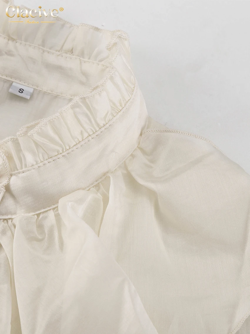 Clacive Sexy Loose White Women Shirt Fashion Stand Collar Long Sleeve Lady Blouse Elegant Classic Ruffles Top Female Clothing