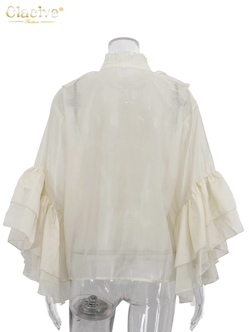 Clacive Sexy Loose White Women Shirt Fashion Stand Collar Long Sleeve Lady Blouse Elegant Classic Ruffles Top Female Clothing