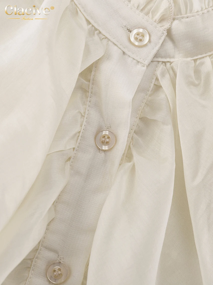 Clacive Sexy Loose White Women Shirt Fashion Stand Collar Long Sleeve Lady Blouse Elegant Classic Ruffles Top Female Clothing