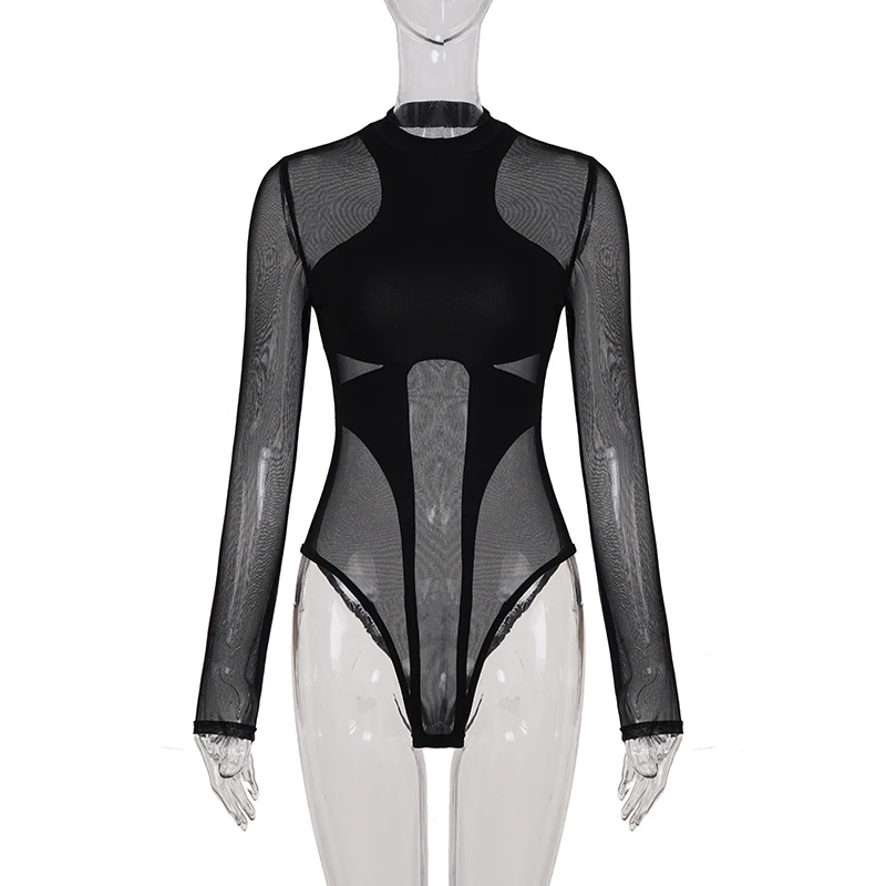 Women's Street Fashion Sheer Mesh Patchwork Bodysuits Fashion Slimming Long Sleeve Irregular Design One Piece Clothes Romper New