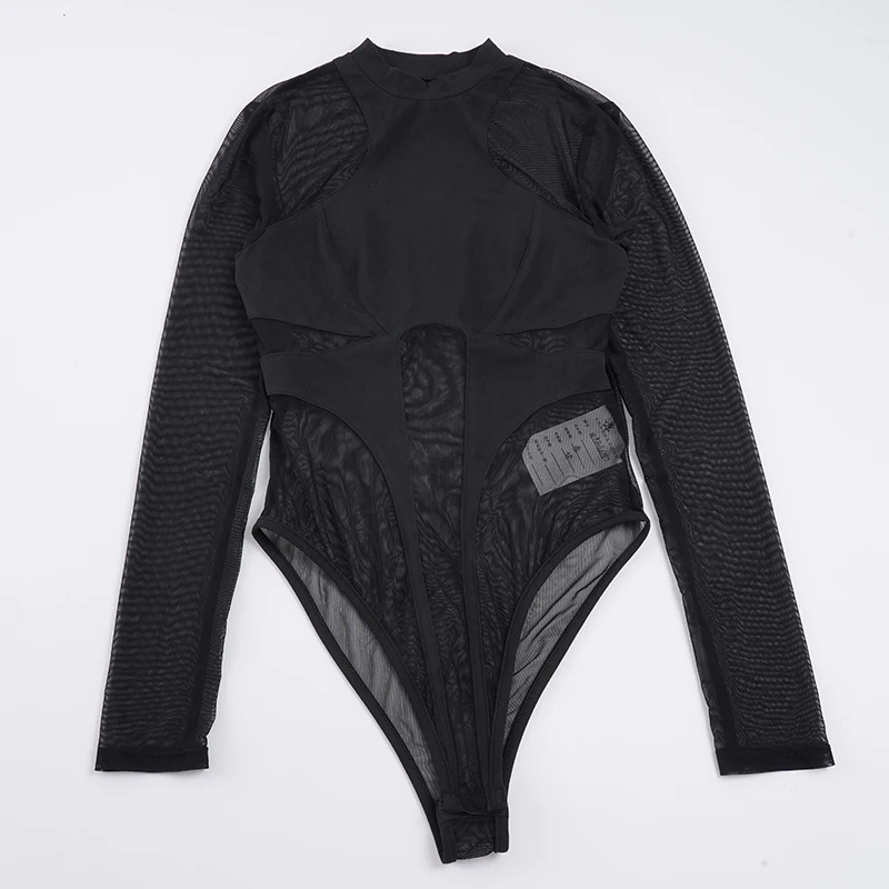 Women's Street Fashion Sheer Mesh Patchwork Bodysuits Fashion Slimming Long Sleeve Irregular Design One Piece Clothes Romper New