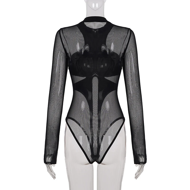 Women's Street Fashion Sheer Mesh Patchwork Bodysuits Fashion Slimming Long Sleeve Irregular Design One Piece Clothes Romper New