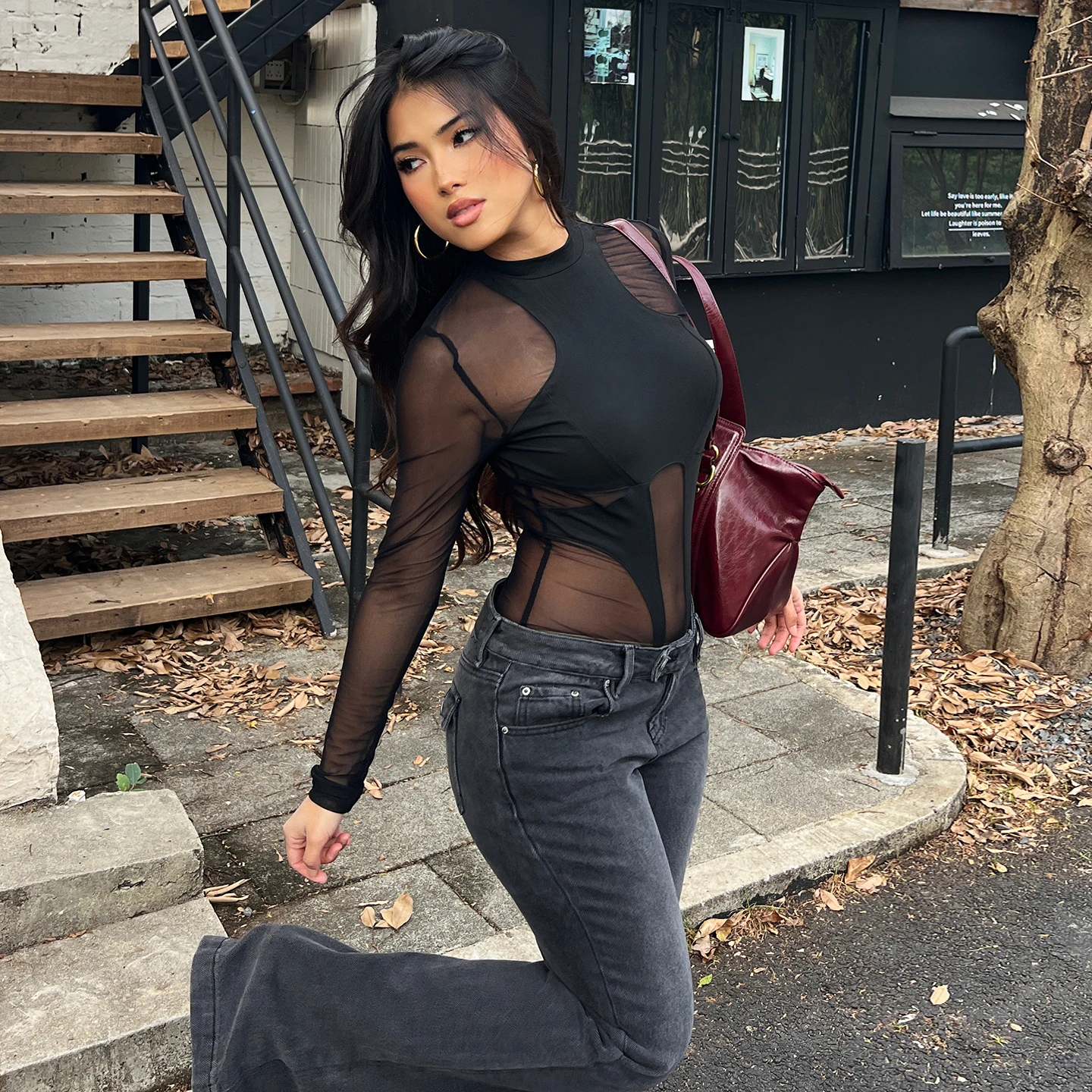 Women's Street Fashion Sheer Mesh Patchwork Bodysuits Fashion Slimming Long Sleeve Irregular Design One Piece Clothes Romper New