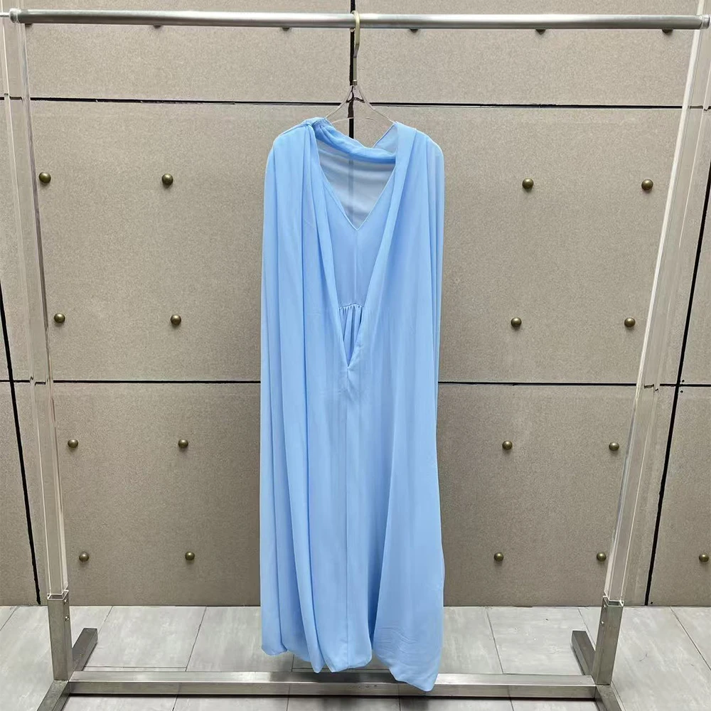 Light Blue Chiffon Maxi Dress for Women, Elegant V-Neck Cape Sleeve Long Dresses, Summer Beach Vacation Flowy A-Line Party Gown