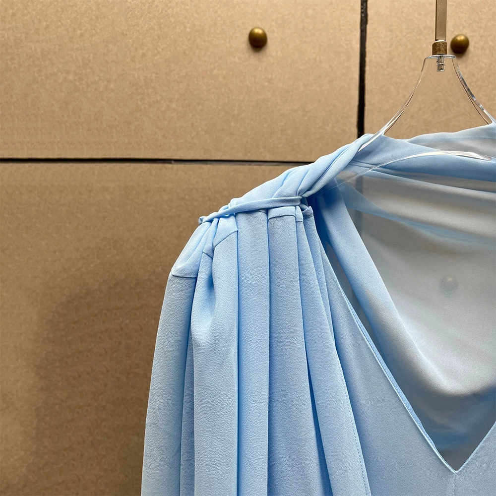 Light Blue Chiffon Maxi Dress for Women, Elegant V-Neck Cape Sleeve Long Dresses, Summer Beach Vacation Flowy A-Line Party Gown