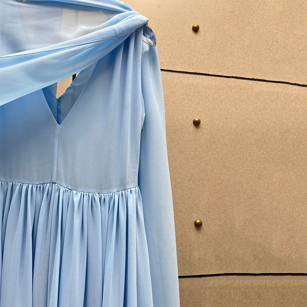 Light Blue Chiffon Maxi Dress for Women, Elegant V-Neck Cape Sleeve Long Dresses, Summer Beach Vacation Flowy A-Line Party Gown