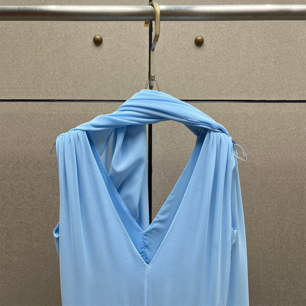 Light Blue Chiffon Maxi Dress for Women, Elegant V-Neck Cape Sleeve Long Dresses, Summer Beach Vacation Flowy A-Line Party Gown