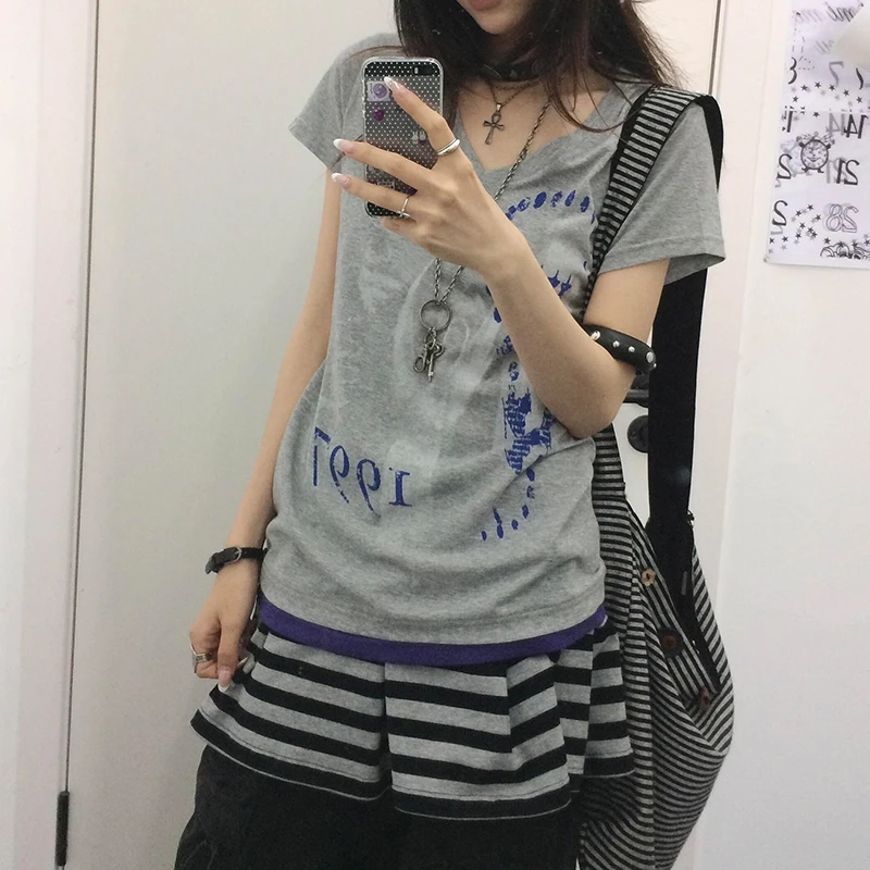Tonngirls Harajuku Print T Shirt Women Short Sleeve Y2k Vintage Tops Patchwork Graphic Tops American Retro 90s Streetwear Tshirt