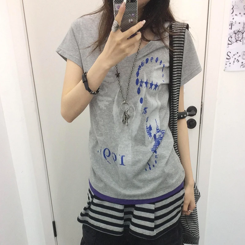 Tonngirls Harajuku Print T Shirt Women Short Sleeve Y2k Vintage Tops Patchwork Graphic Tops American Retro 90s Streetwear Tshirt