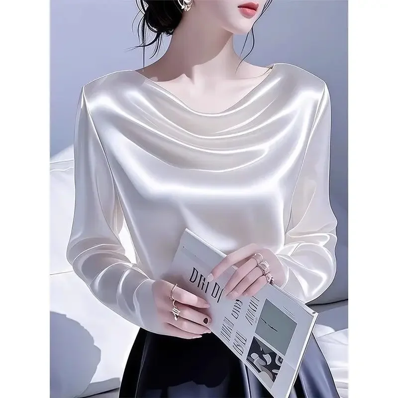 2026 Summer Ladies Long Sleeve Pile Collar V-neck Solid Color Simplicity Elegant Trend Temperament Irregular Pleated Pullover