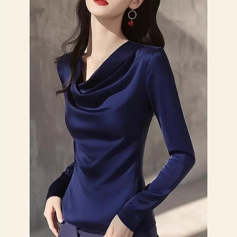 2026 Summer Ladies Long Sleeve Pile Collar V-neck Solid Color Simplicity Elegant Trend Temperament Irregular Pleated Pullover