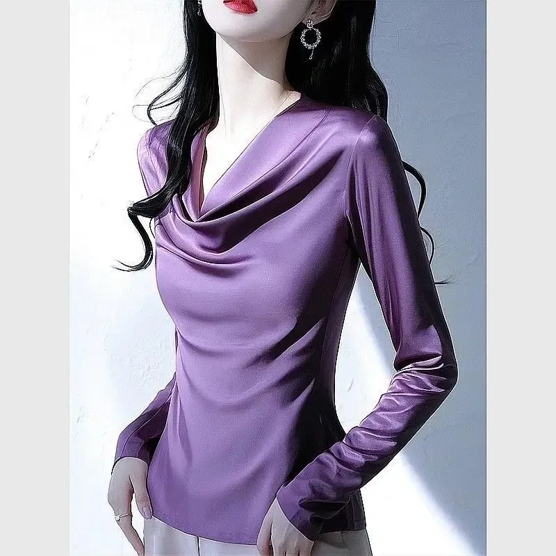 2026 Summer Ladies Long Sleeve Pile Collar V-neck Solid Color Simplicity Elegant Trend Temperament Irregular Pleated Pullover