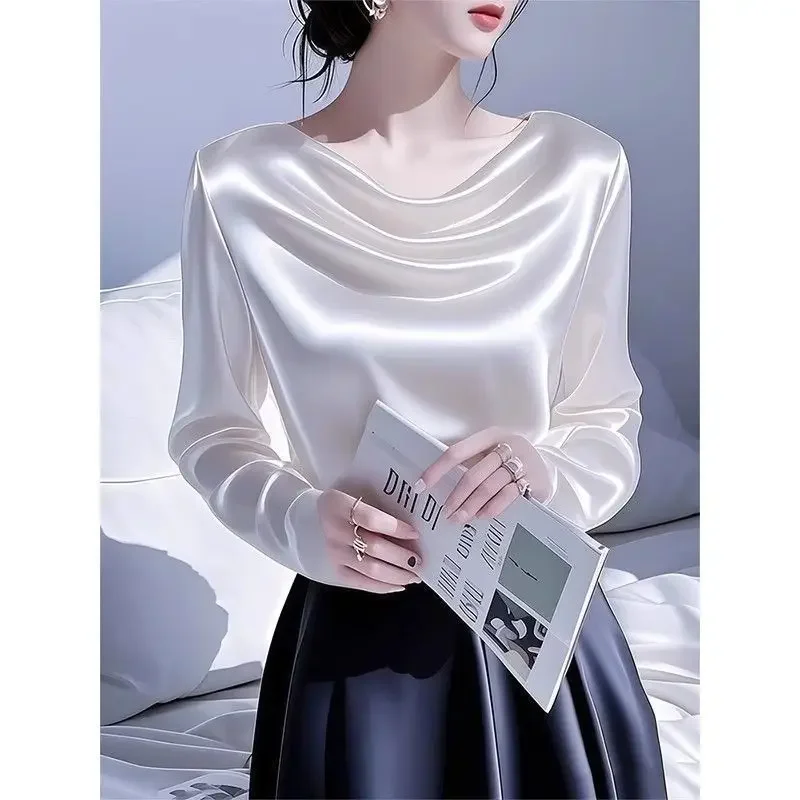 2026 Summer Ladies Long Sleeve Pile Collar V-neck Solid Color Simplicity Elegant Trend Temperament Irregular Pleated Pullover