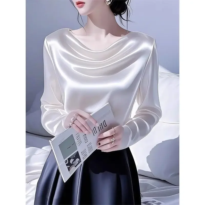 2026 Summer Ladies Long Sleeve Pile Collar V-neck Solid Color Simplicity Elegant Trend Temperament Irregular Pleated Pullover