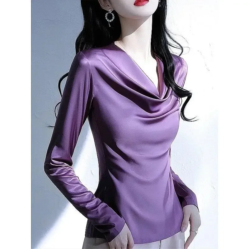 2026 Summer Ladies Long Sleeve Pile Collar V-neck Solid Color Simplicity Elegant Trend Temperament Irregular Pleated Pullover