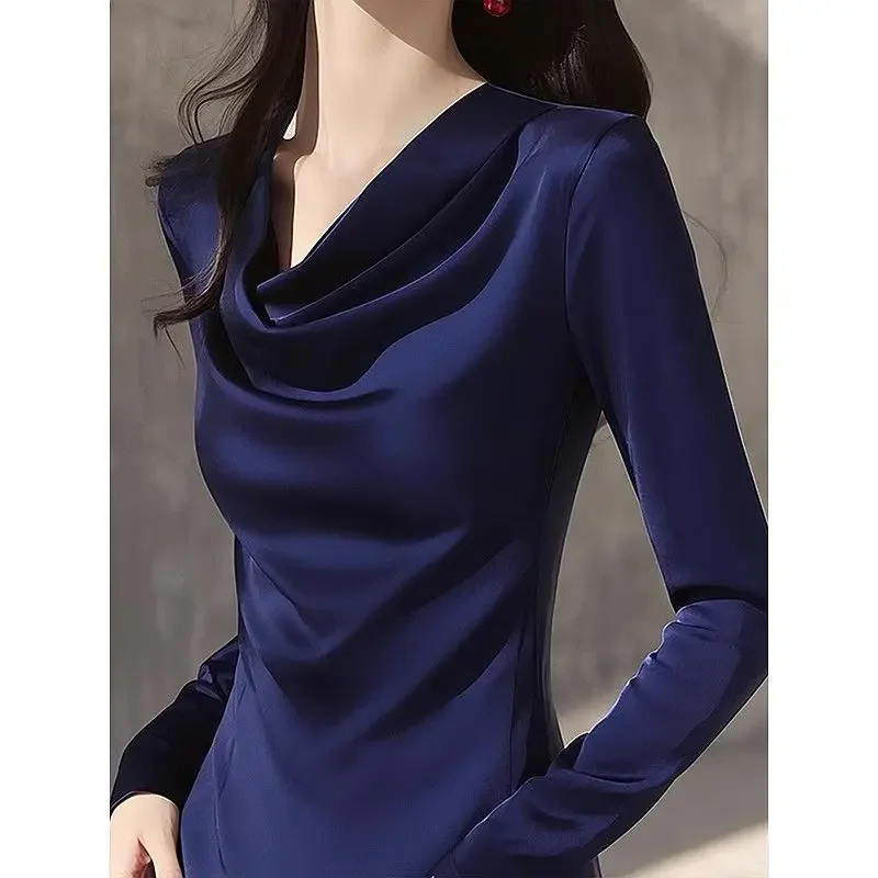 2026 Summer Ladies Long Sleeve Pile Collar V-neck Solid Color Simplicity Elegant Trend Temperament Irregular Pleated Pullover