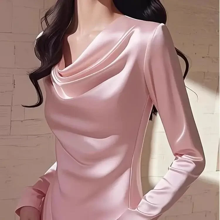 2026 Summer Ladies Long Sleeve Pile Collar V-neck Solid Color Simplicity Elegant Trend Temperament Irregular Pleated Pullover