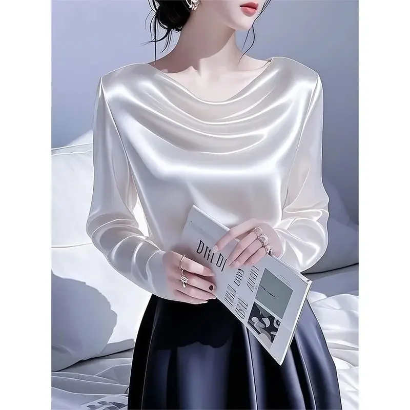2026 Summer Ladies Long Sleeve Pile Collar V-neck Solid Color Simplicity Elegant Trend Temperament Irregular Pleated Pullover