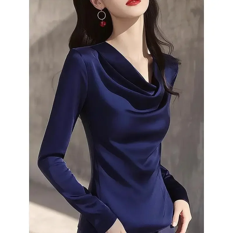 2026 Summer Ladies Long Sleeve Pile Collar V-neck Solid Color Simplicity Elegant Trend Temperament Irregular Pleated Pullover