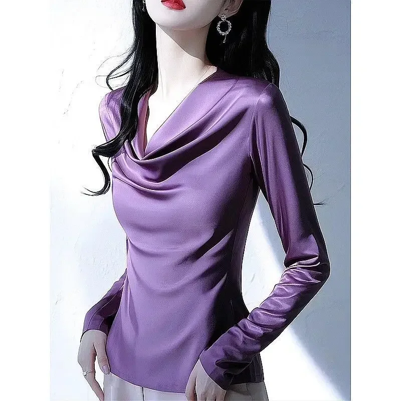 2026 Summer Ladies Long Sleeve Pile Collar V-neck Solid Color Simplicity Elegant Trend Temperament Irregular Pleated Pullover