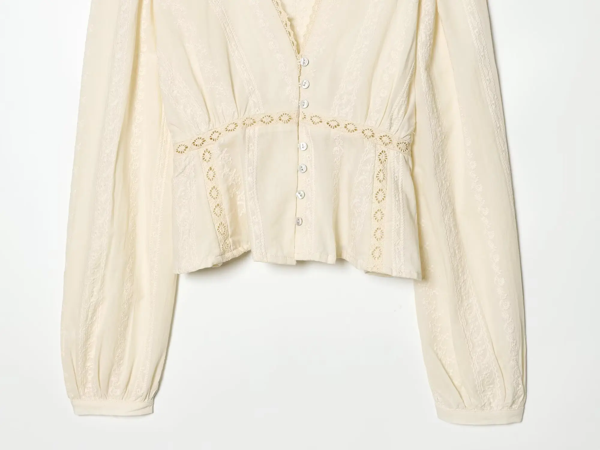 YENKYE New 2026 Women Lace Trim V Neck Romantic Embroidery Blouse Long Sleeve Casual Crop Shirt Spring Summer Tops