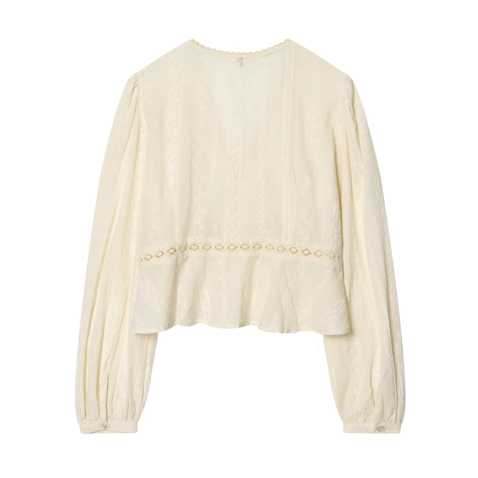 YENKYE New 2026 Women Lace Trim V Neck Romantic Embroidery Blouse Long Sleeve Casual Crop Shirt Spring Summer Tops
