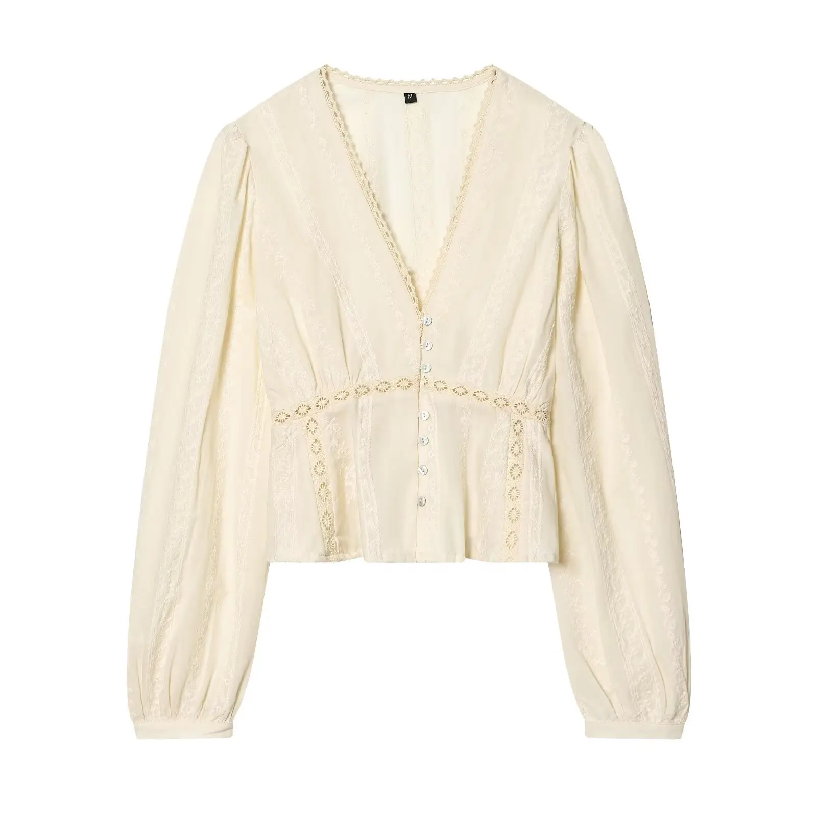 YENKYE New 2026 Women Lace Trim V Neck Romantic Embroidery Blouse Long Sleeve Casual Crop Shirt Spring Summer Tops
