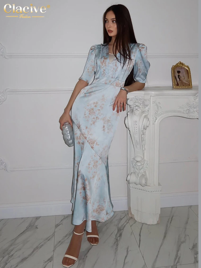Clacive Summer Slim Print Women Dress Fashion V-Neck Short Sleeve Ankle Length Dresses Elegant Classic High Waist Female Dress