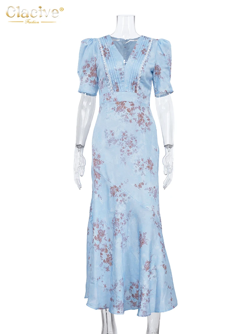Clacive Summer Slim Print Women Dress Fashion V-Neck Short Sleeve Ankle Length Dresses Elegant Classic High Waist Female Dress