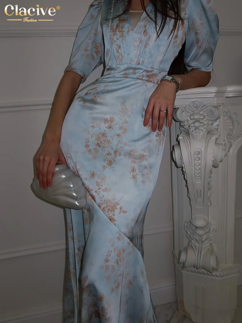 Clacive Summer Slim Print Women Dress Fashion V-Neck Short Sleeve Ankle Length Dresses Elegant Classic High Waist Female Dress