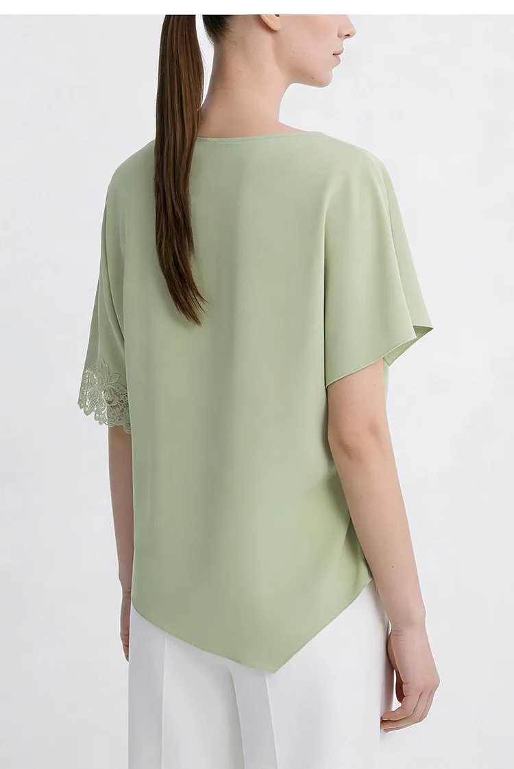 Amii Women's Blouse 2026 Summer New Boat Neck Lace Trim Asymmetric Hem Top Office Casual Short Sleeve Chiffon Shirt 12642087