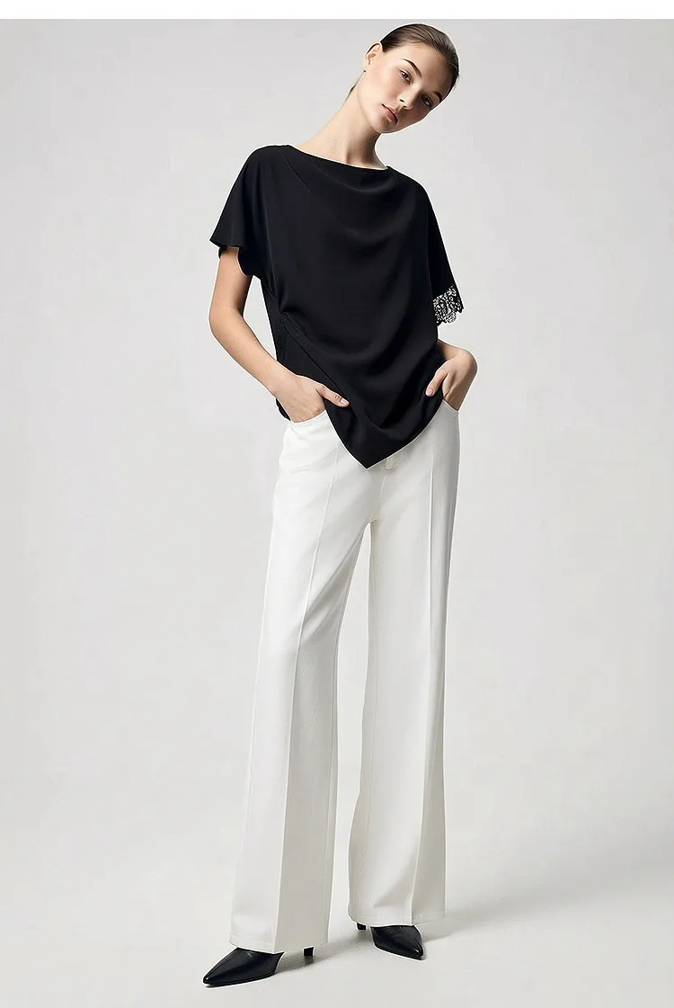 Amii Women's Blouse 2026 Summer New Boat Neck Lace Trim Asymmetric Hem Top Office Casual Short Sleeve Chiffon Shirt 12642087