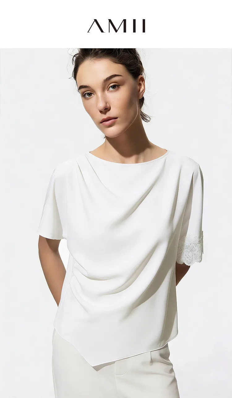 Amii Women's Blouse 2026 Summer New Boat Neck Lace Trim Asymmetric Hem Top Office Casual Short Sleeve Chiffon Shirt 12642087