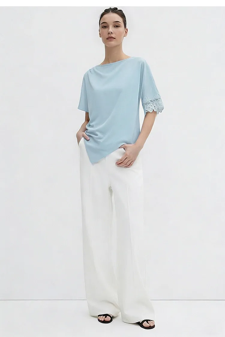 Amii Women's Blouse 2026 Summer New Boat Neck Lace Trim Asymmetric Hem Top Office Casual Short Sleeve Chiffon Shirt 12642087