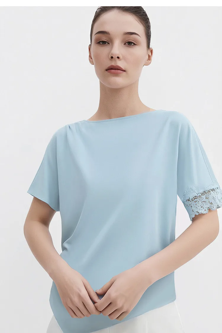 Amii Women's Blouse 2026 Summer New Boat Neck Lace Trim Asymmetric Hem Top Office Casual Short Sleeve Chiffon Shirt 12642087