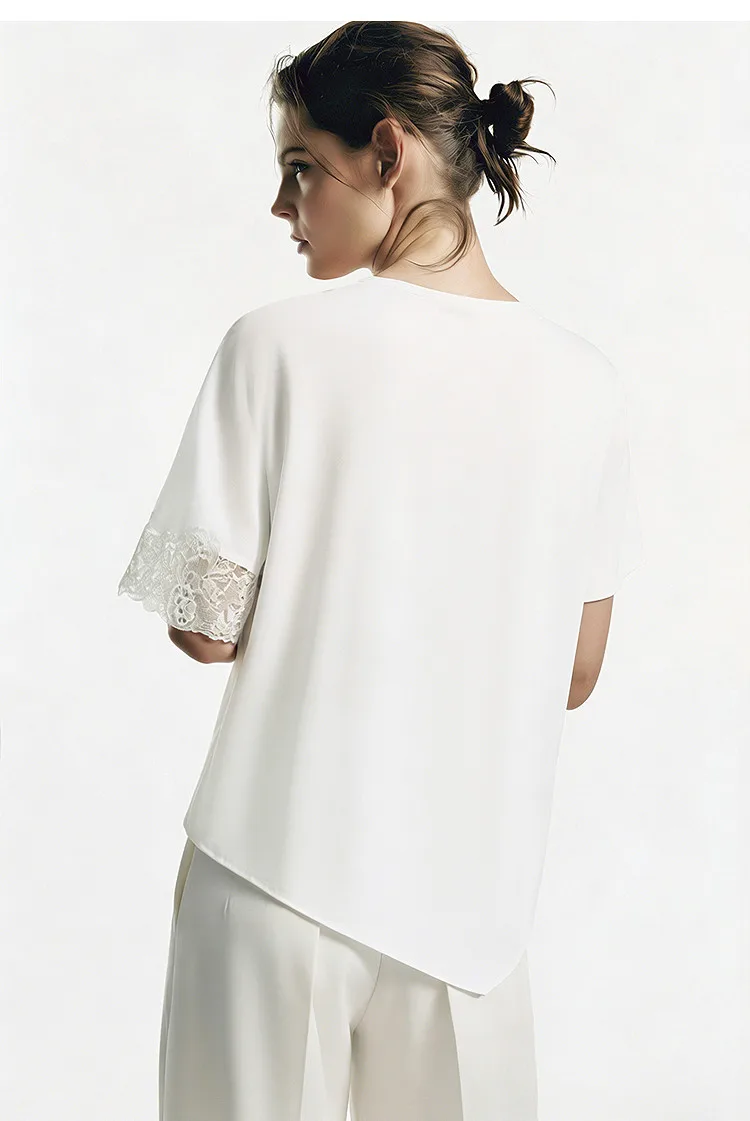 Amii Women's Blouse 2026 Summer New Boat Neck Lace Trim Asymmetric Hem Top Office Casual Short Sleeve Chiffon Shirt 12642087