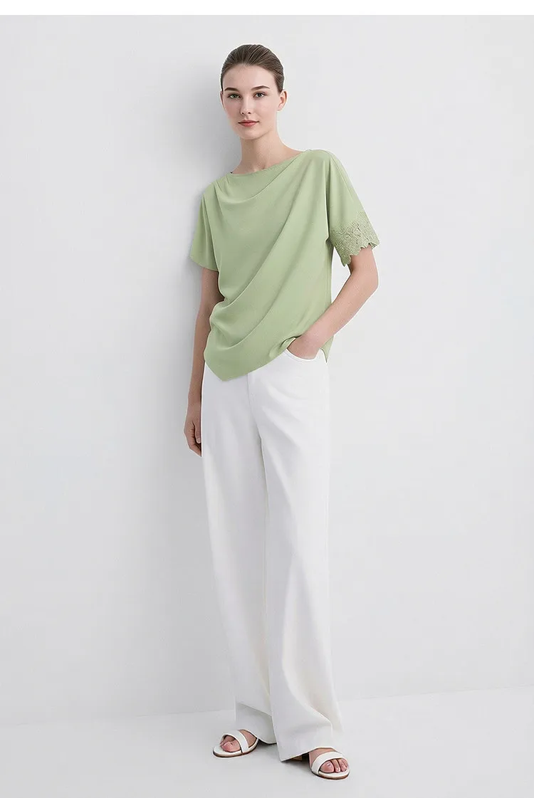 Amii Women's Blouse 2026 Summer New Boat Neck Lace Trim Asymmetric Hem Top Office Casual Short Sleeve Chiffon Shirt 12642087
