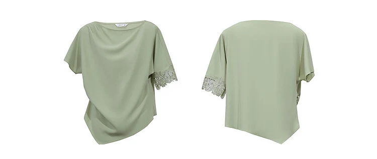 Amii Women's Blouse 2026 Summer New Boat Neck Lace Trim Asymmetric Hem Top Office Casual Short Sleeve Chiffon Shirt 12642087