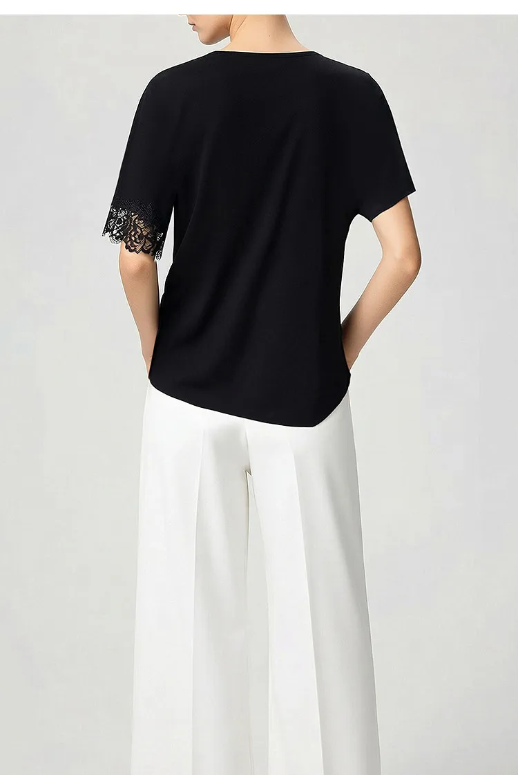 Amii Women's Blouse 2026 Summer New Boat Neck Lace Trim Asymmetric Hem Top Office Casual Short Sleeve Chiffon Shirt 12642087