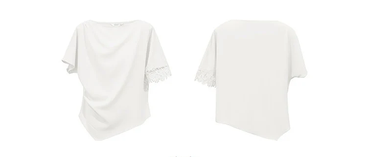Amii Women's Blouse 2026 Summer New Boat Neck Lace Trim Asymmetric Hem Top Office Casual Short Sleeve Chiffon Shirt 12642087