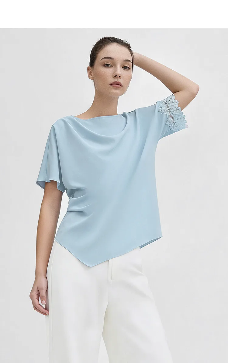 Amii Women's Blouse 2026 Summer New Boat Neck Lace Trim Asymmetric Hem Top Office Casual Short Sleeve Chiffon Shirt 12642087