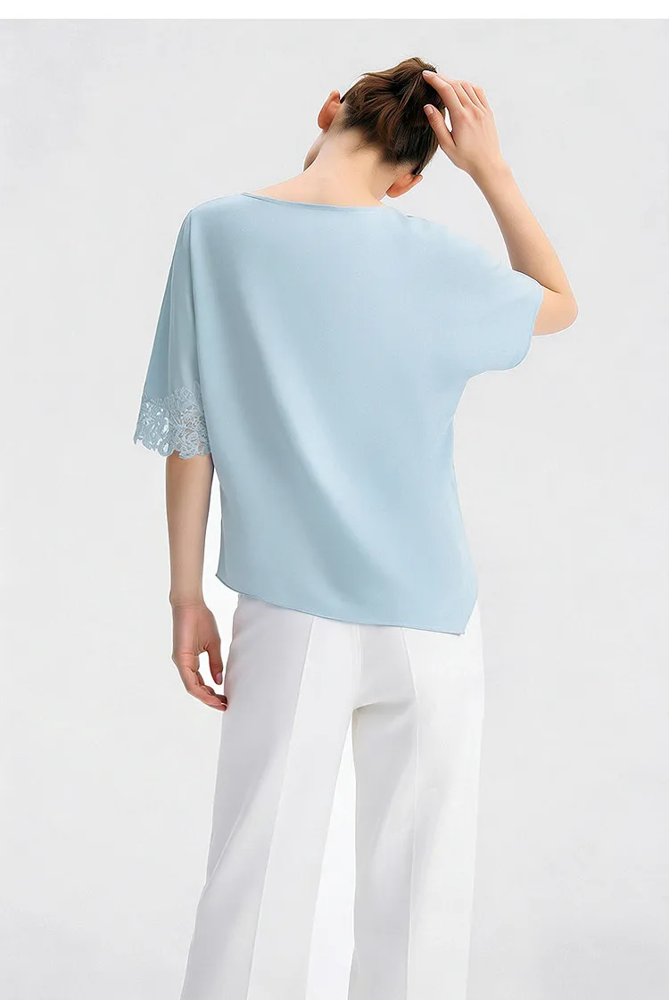 Amii Women's Blouse 2026 Summer New Boat Neck Lace Trim Asymmetric Hem Top Office Casual Short Sleeve Chiffon Shirt 12642087