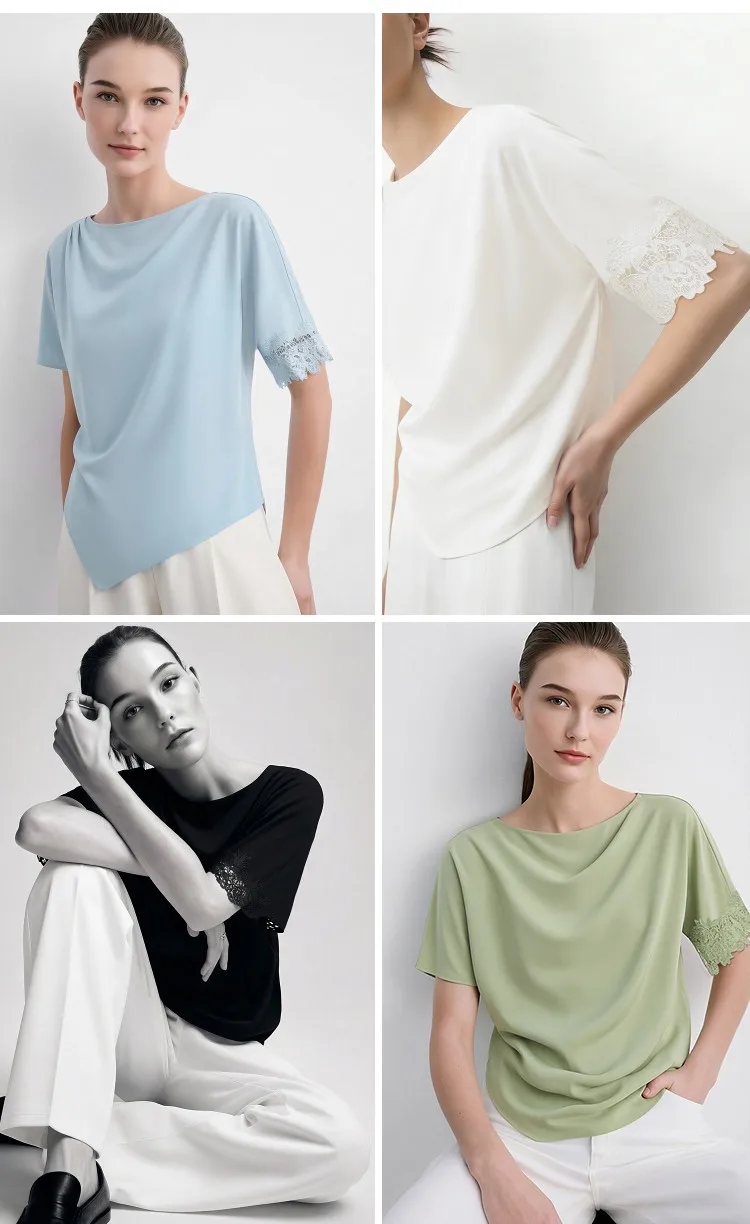 Amii Women's Blouse 2026 Summer New Boat Neck Lace Trim Asymmetric Hem Top Office Casual Short Sleeve Chiffon Shirt 12642087