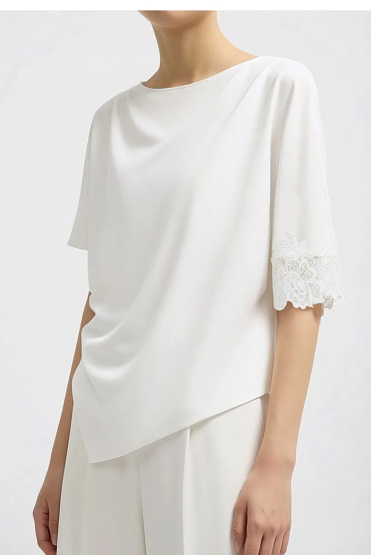 Amii Women's Blouse 2026 Summer New Boat Neck Lace Trim Asymmetric Hem Top Office Casual Short Sleeve Chiffon Shirt 12642087