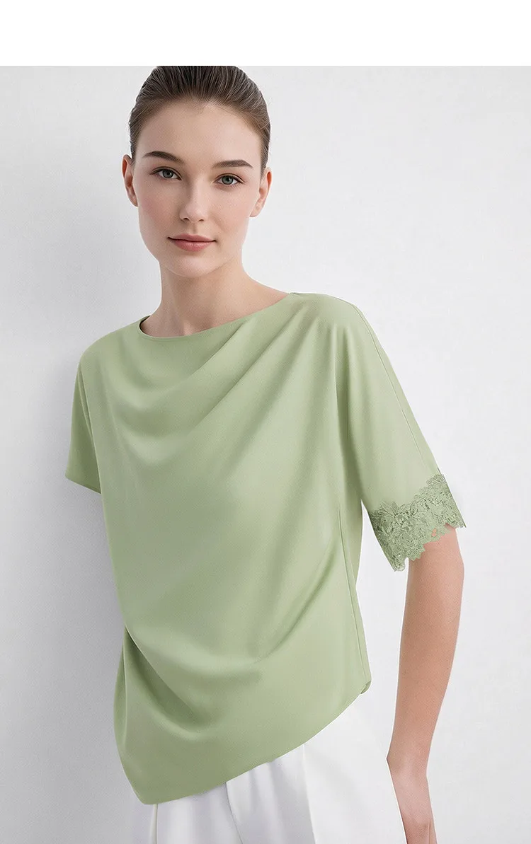 Amii Women's Blouse 2026 Summer New Boat Neck Lace Trim Asymmetric Hem Top Office Casual Short Sleeve Chiffon Shirt 12642087