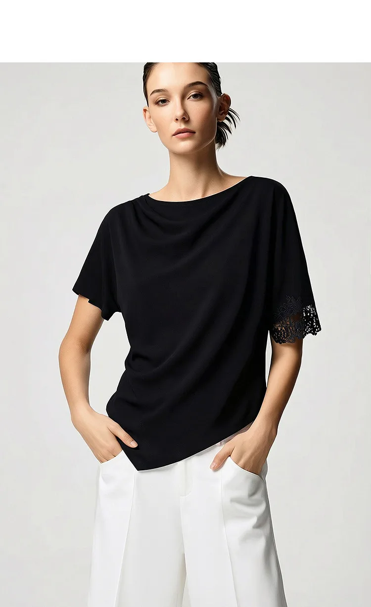 Amii Women's Blouse 2026 Summer New Boat Neck Lace Trim Asymmetric Hem Top Office Casual Short Sleeve Chiffon Shirt 12642087