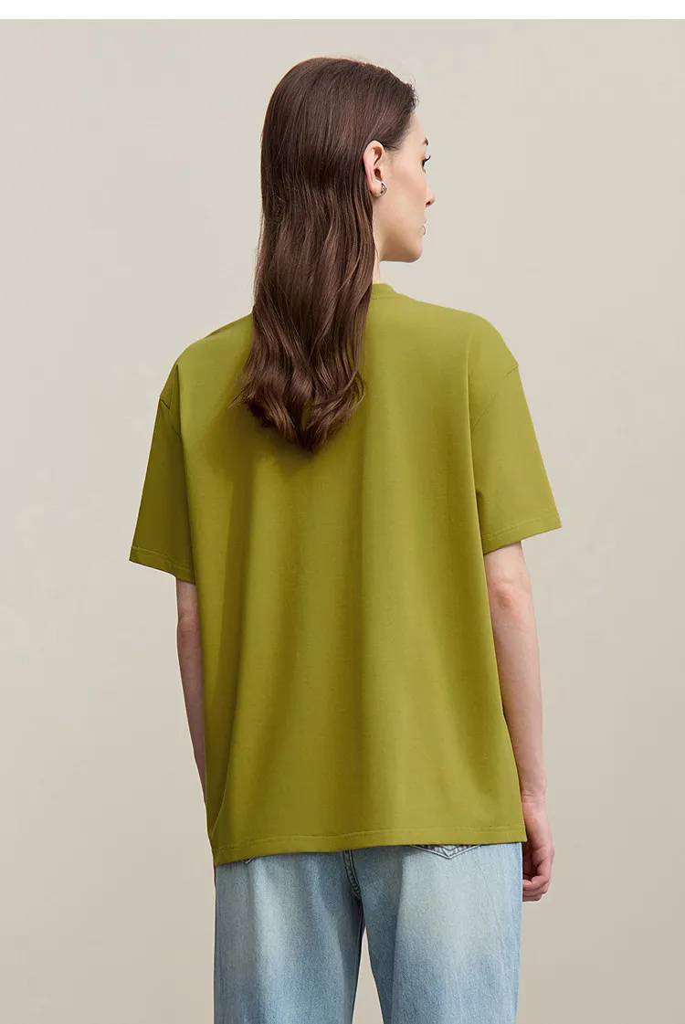 Amii Women's Tee Shirt 2026 Summer New O-Neck Printed Embroidered Cotton T-shirt Drop Shoulder Short Sleeve Elastic Top 12642009