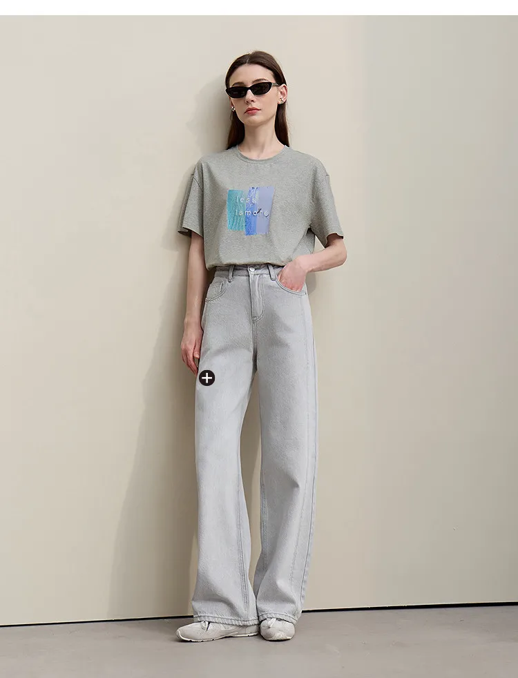 Amii Women's Tee Shirt 2026 Summer New O-Neck Printed Embroidered Cotton T-shirt Drop Shoulder Short Sleeve Elastic Top 12642009